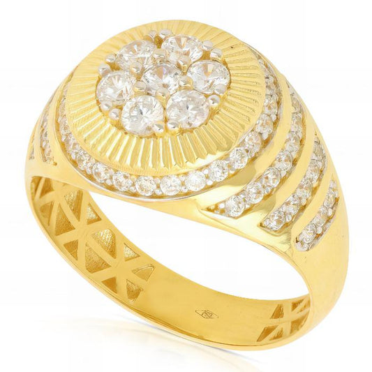 Anello Scudo Tondo con Pietre Bianche in Oro Giallo