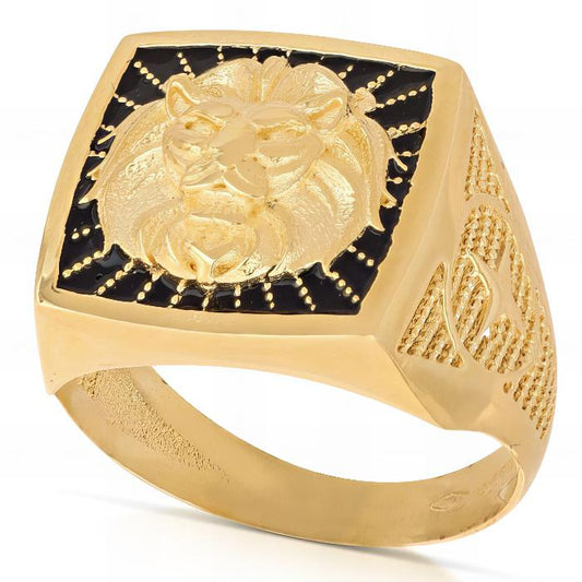 Anello Scudo Leone Smalto Nero in Oro Giallo