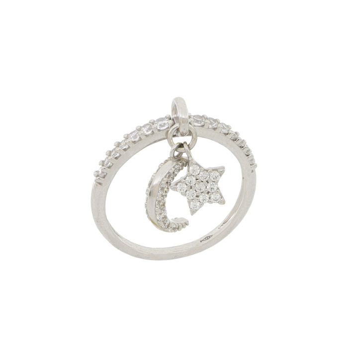 anello stella e luna pendenti in oro bianco