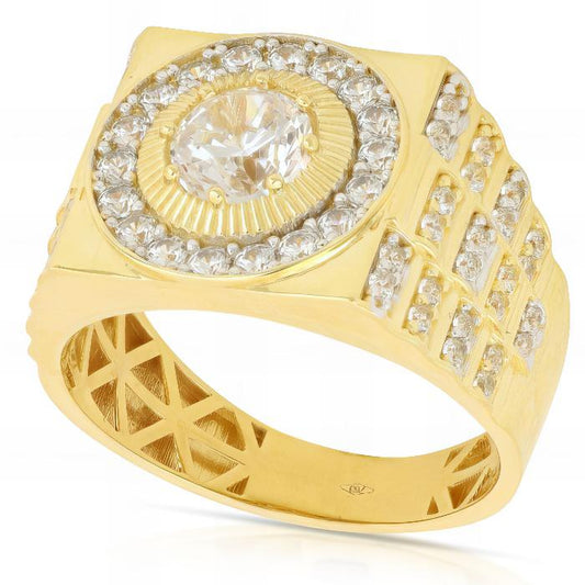 Anello Scudo Quadrato con Pietra Centrale e Zirconi Bianchi in Oro Giallo