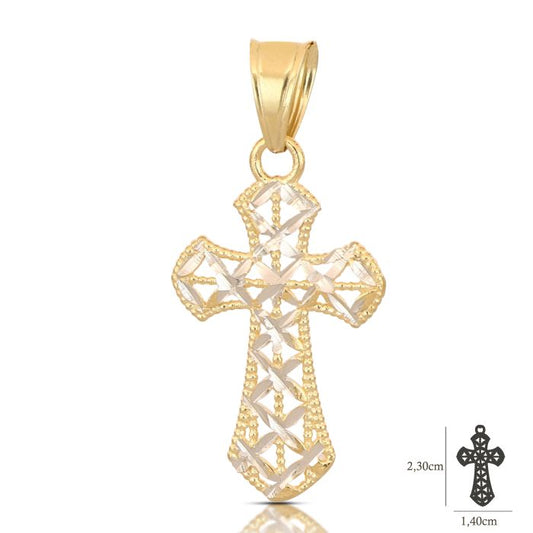 croce traforata da 1,00 gr. in oro bianco e giallo