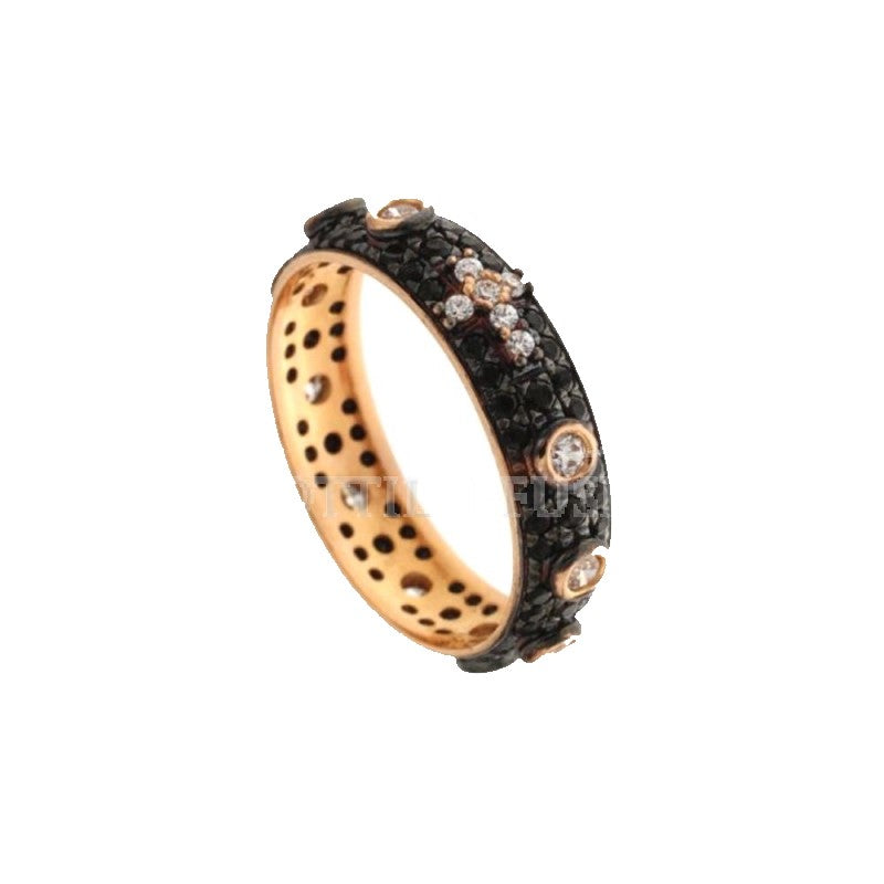 Anello rosario con pietre bianche e zirconi neri in oro rosa gr 4.00