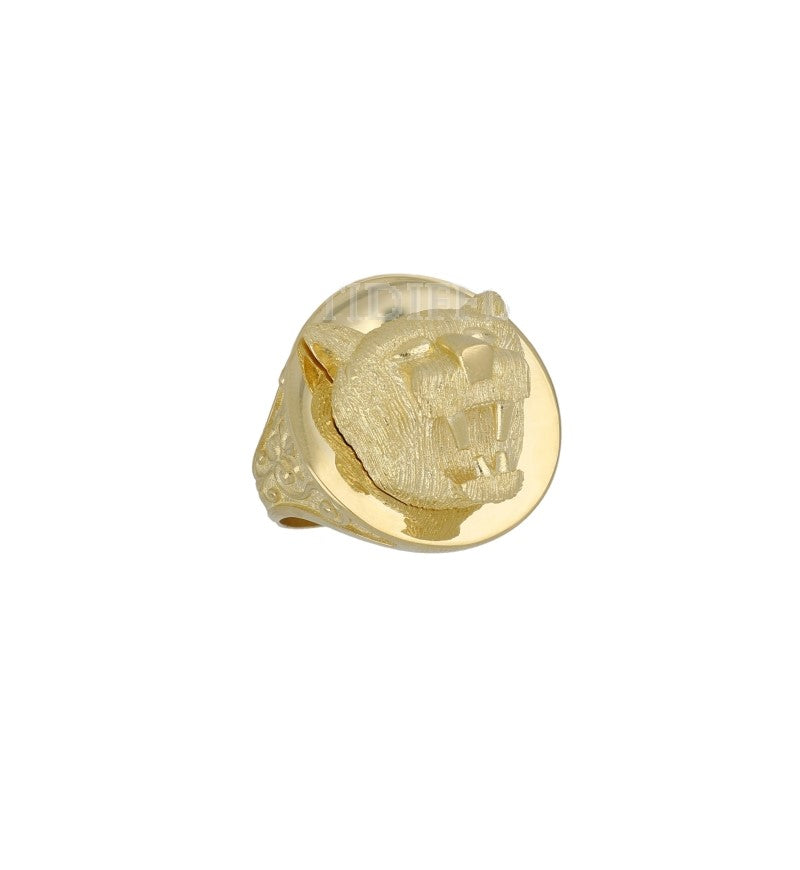 Anello da uomo pieno in oro giallo con leone