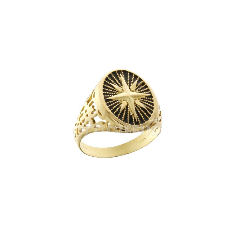 Anello da uomo in oro giallo con rosa dei venti nero