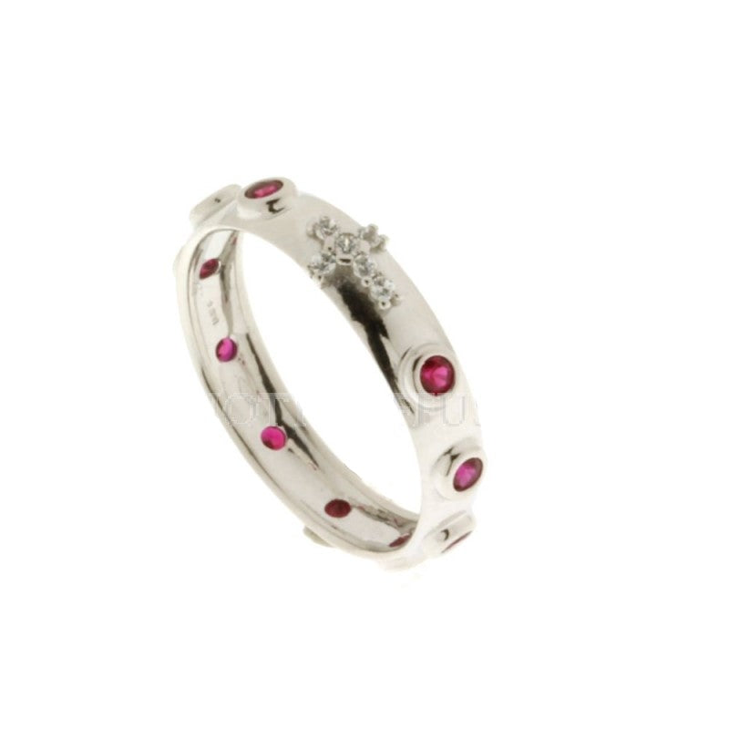 Anello rosario in oro bianco con pietre rosse