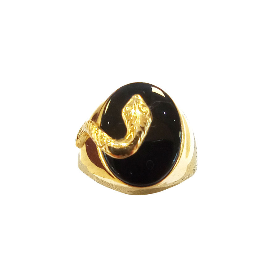 Anello uomo scudo serpente in oro giallo e pietra nera 18kt