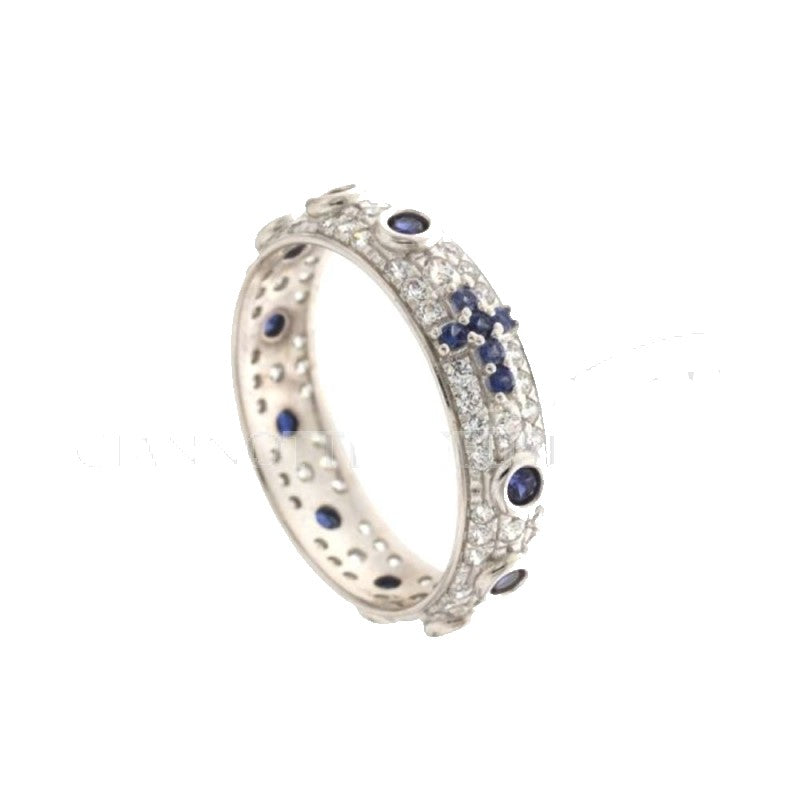 Anello rosario con pietre blu e zirconi in oro bianco gr 4.00
