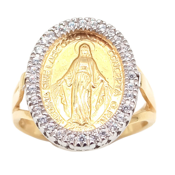 Anello con Madonna Miracolosa in oro giallo con brillantini