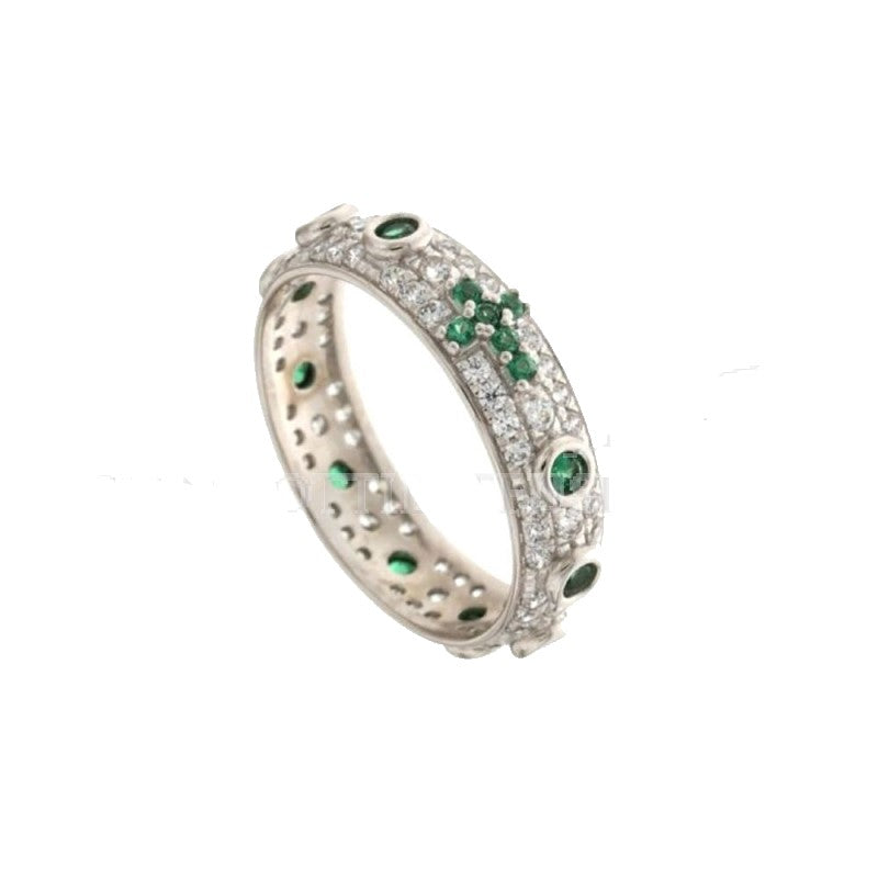 Anello rosario con pietre verdi e zirconi in oro bianco gr 4.00