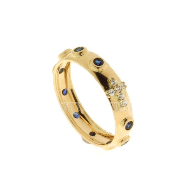 Anello rosario in oro giallo con pietre blu