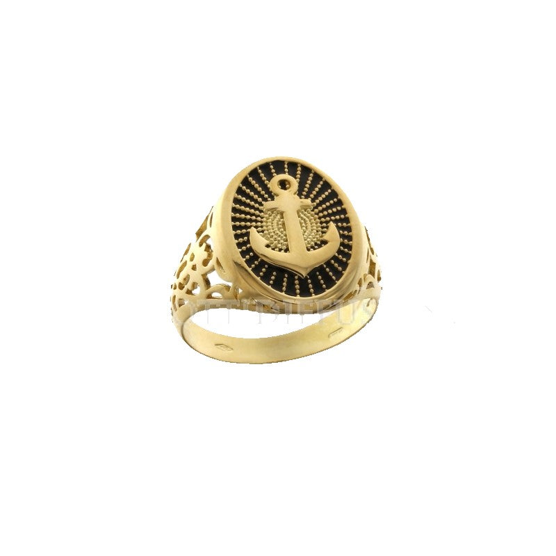 Anello da uomo in oro giallo con ancora nero