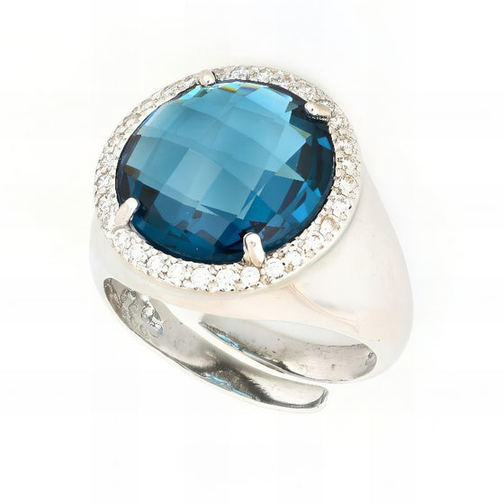 anello pietra blue in argento con zirconi